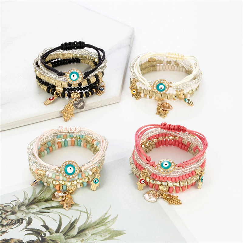 Wholesale Rice Beads Palm Acrylic Elastic Beads Combination Set Alloy Bracelet