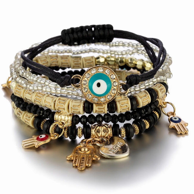 Wholesale Rice Beads Palm Acrylic Elastic Beads Combination Set Alloy Bracelet