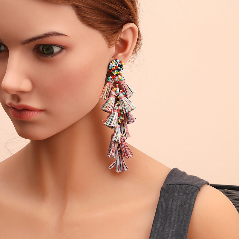 Wholesale Rice Beads Tassel Fabric Earrings