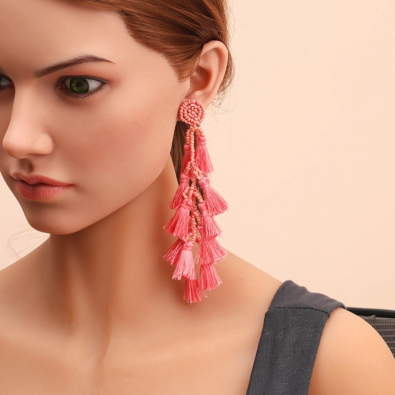 Wholesale Rice Beads Tassel Fabric Earrings
