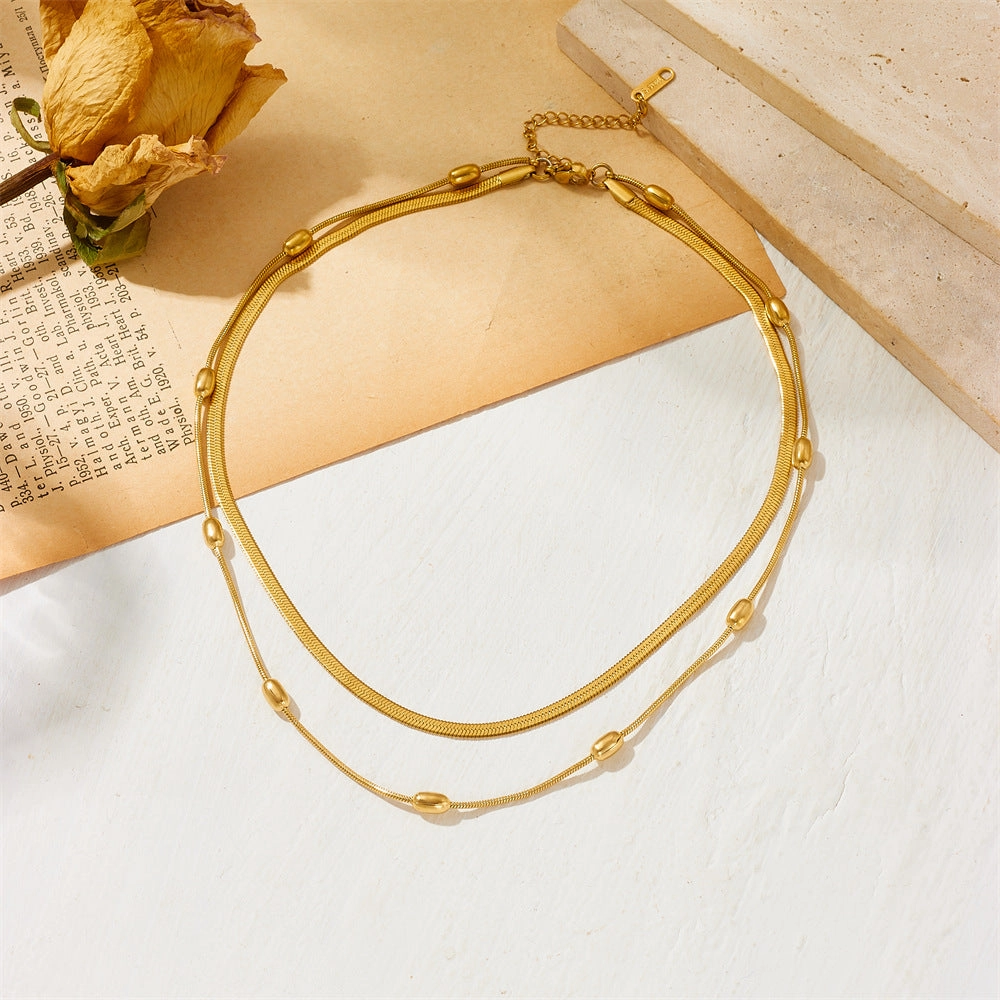 Wholesale Rice Grain Bead Blade Chain Double Layer Stacked Titanium Steel Necklace