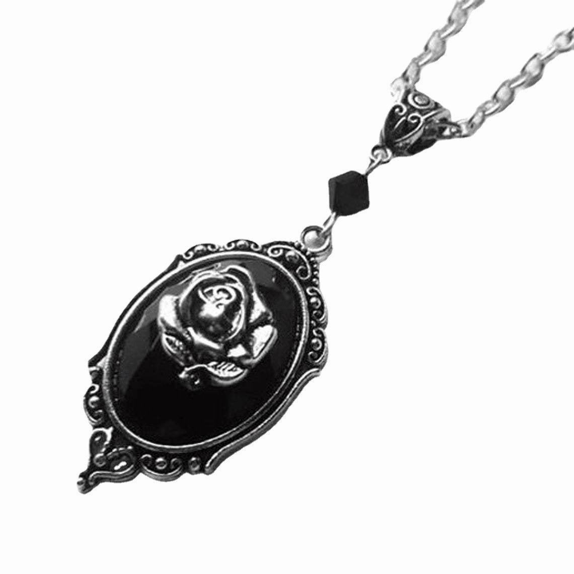 Wholesale Rock Band Punk Exaggerated Retro Alloy Rose Black Gemstone Necklace