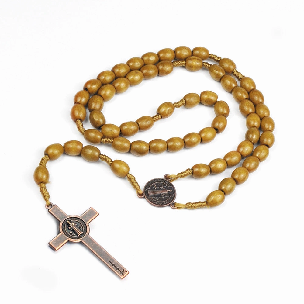 Wholesale Rosary Beads Weaving Dark Brown Rice Beads Wooden Cross Necklace