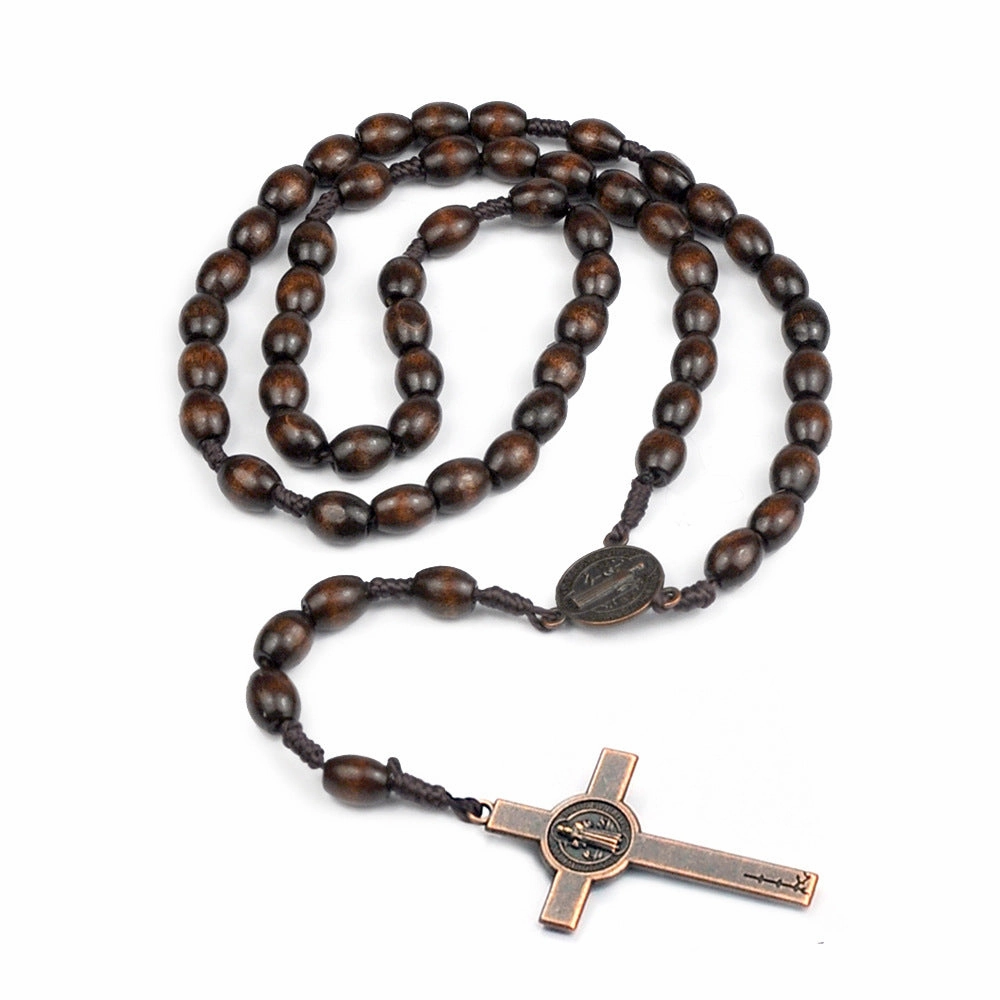 Wholesale Rosary Beads Weaving Dark Brown Rice Beads Wooden Cross Necklace