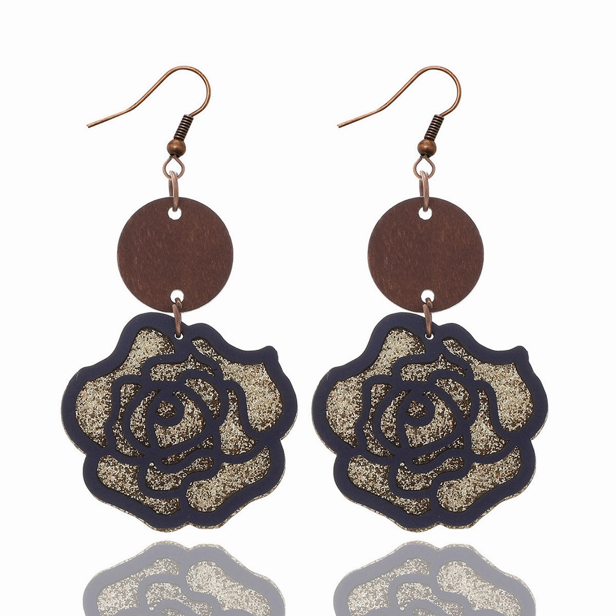 Wholesale Rose Flower Vintage Double Leather Wood Chip Earrings