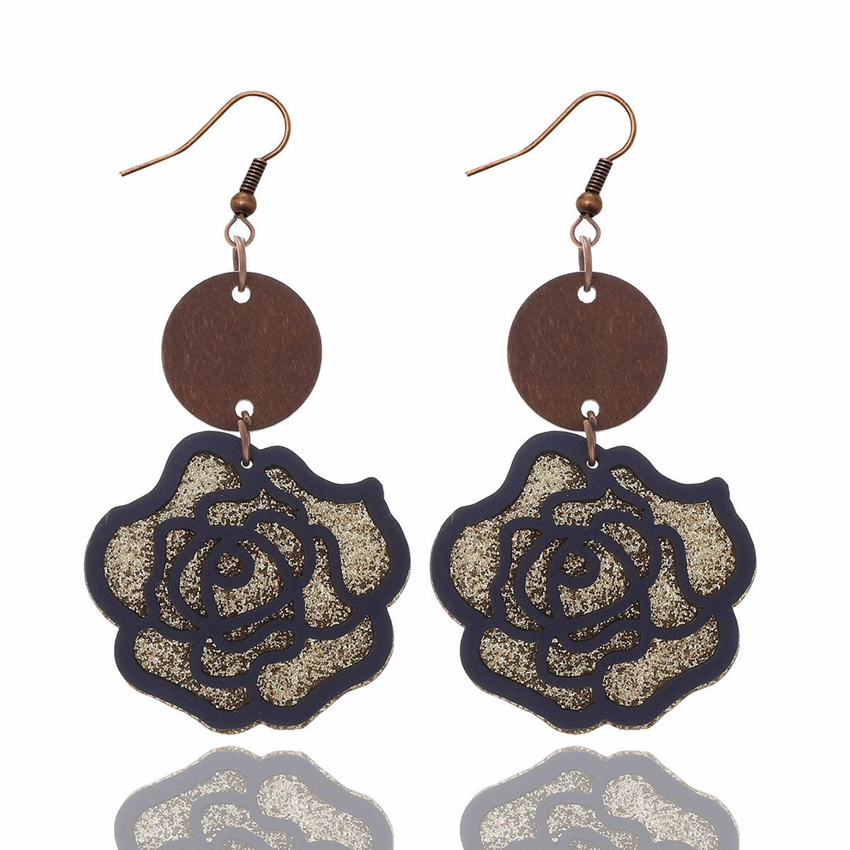Wholesale Rose Flower Vintage Double Leather Wood Chip Earrings