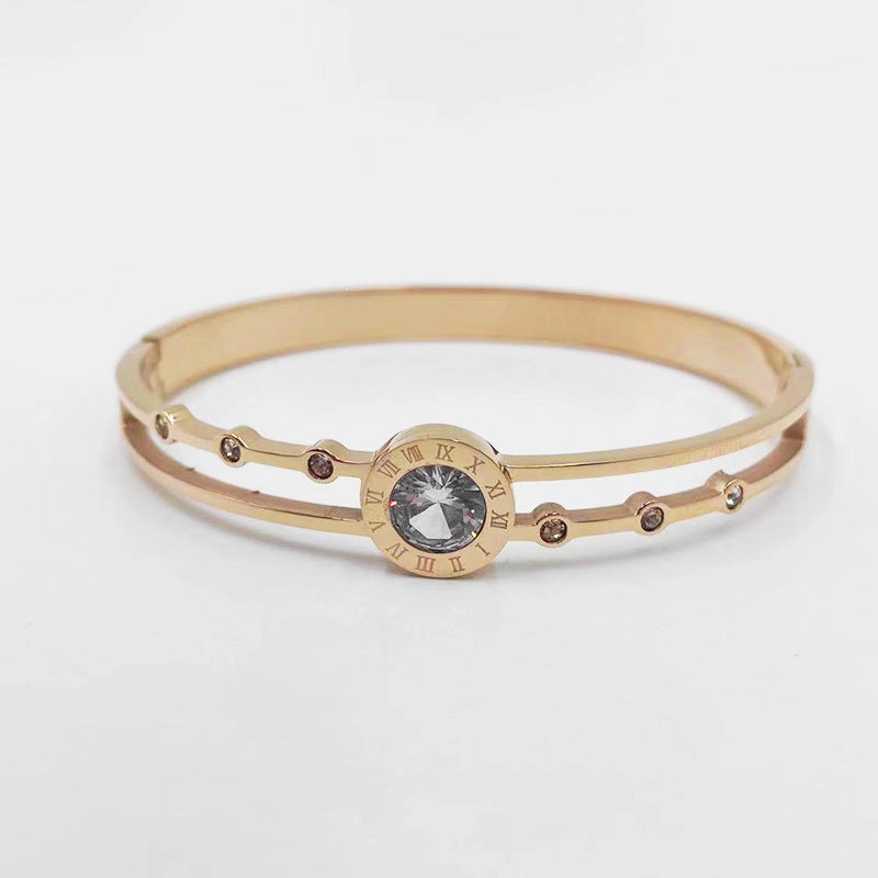 Wholesale Rose Gold Titanium Steel Double Hollow Roman Numeral Single Diamond Bracelet
