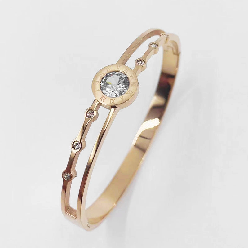Wholesale Rose Gold Titanium Steel Double Hollow Roman Numeral Single Diamond Bracelet
