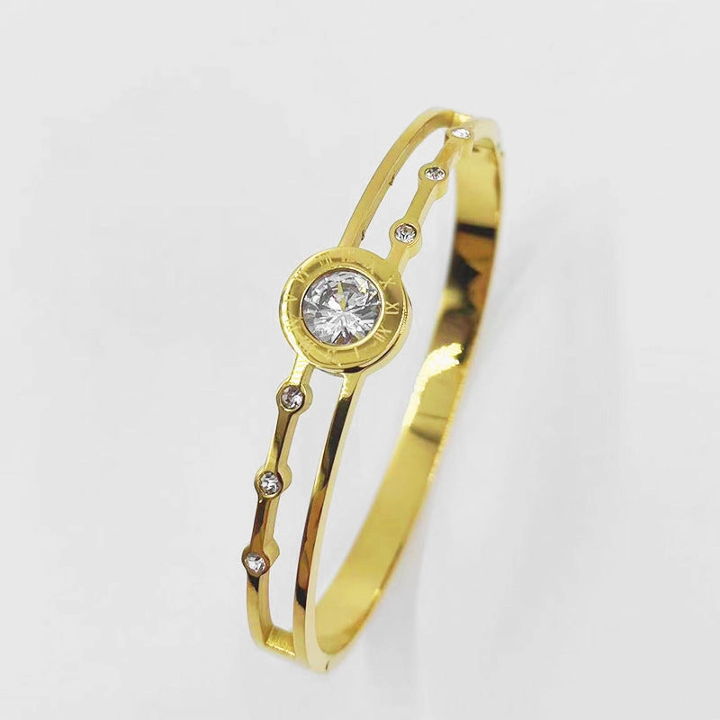 Wholesale Rose Gold Titanium Steel Double Hollow Roman Numeral Single Diamond Bracelet