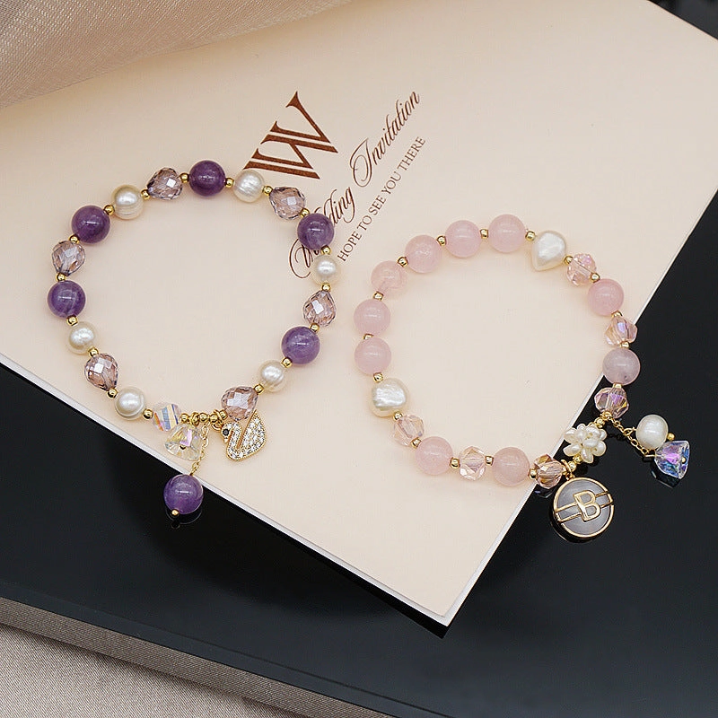 Wholesale Rose Quartz Amethyst Freshwater Pearl Zircon Adjustable Bracelet