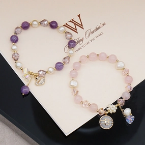 Wholesale Rose Quartz Amethyst Freshwater Pearl Zircon Adjustable Bracelet