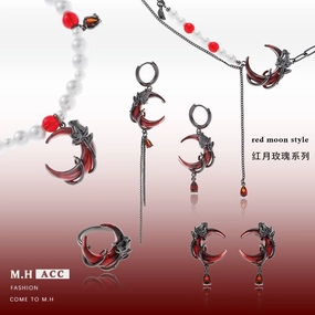 Wholesale Rose Red Crescent Asymmetric Retro Design New Chinese Style Earrings