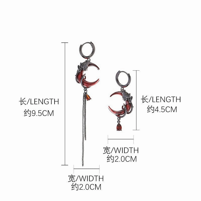 Wholesale Rose Red Crescent Asymmetric Retro Design New Chinese Style Earrings