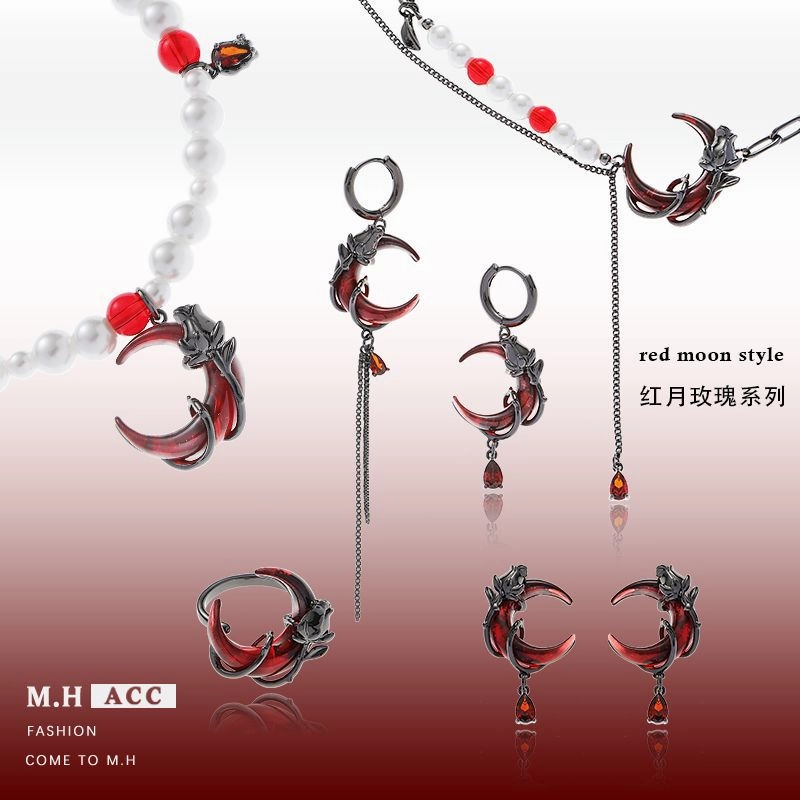 Wholesale Rose Red Crescent Asymmetric Retro Design New Chinese Style Earrings