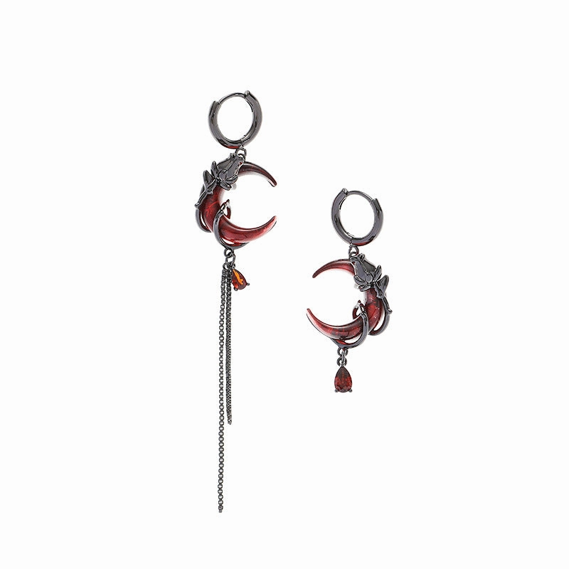Wholesale Rose Red Crescent Asymmetric Retro Design New Chinese Style Earrings