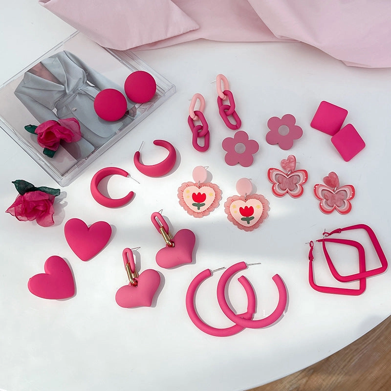 Wholesale Rose Red Flower Love Summer Geometry Sweet Alloy Earrings