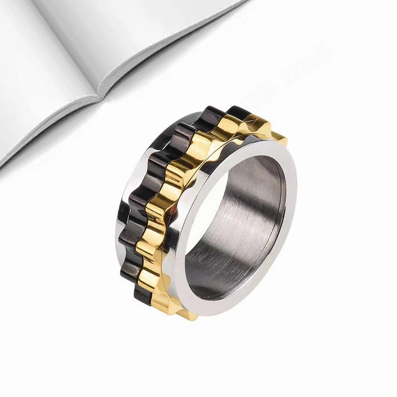 Wholesale Rotatable Gear Electroplated Black Gold Minus Stainless Steel Ring