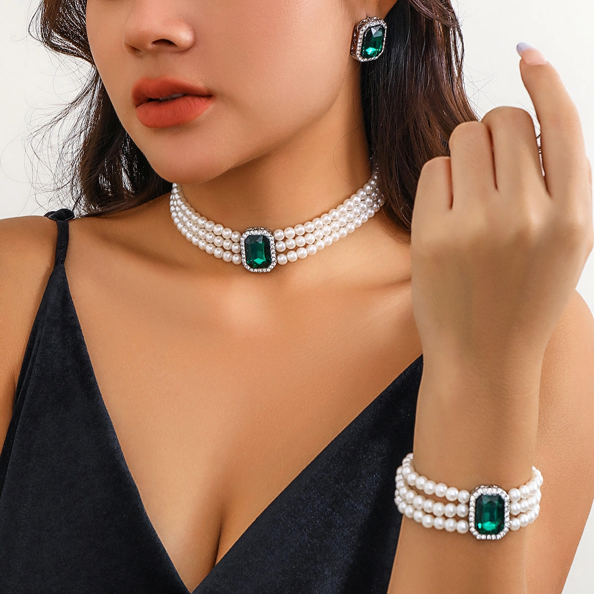 Wholesale Round Bead Multi-layer Retro Palace Style Gemstone Imitation Pearl Jewelry Set