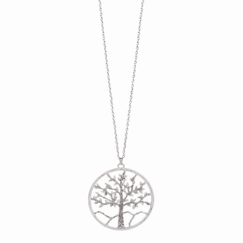 Wholesale Round Exaggerated Silver Tree of Life Hollow Pendant Necklace