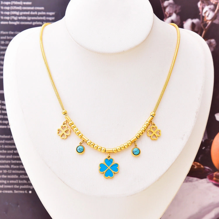 Wholesale Round Tube Five-pointed Star Necklace Turquoise Clavicle Pendant Long Tassel Earrings Bracelet Set