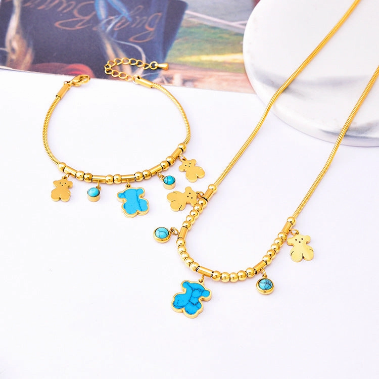 Wholesale Round Tube Five-pointed Star Necklace Turquoise Clavicle Pendant Long Tassel Earrings Bracelet Set