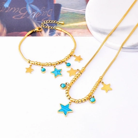 Wholesale Round Tube Five-pointed Star Necklace Turquoise Clavicle Pendant Long Tassel Earrings Bracelet Set