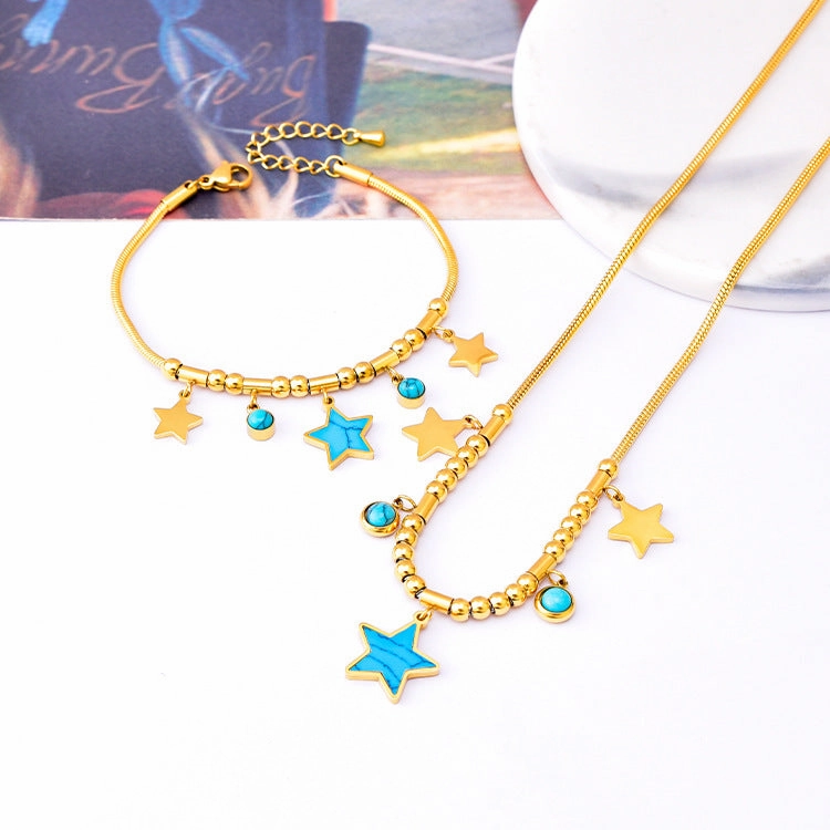 Wholesale Round Tube Five-pointed Star Necklace Turquoise Clavicle Pendant Long Tassel Earrings Bracelet Set