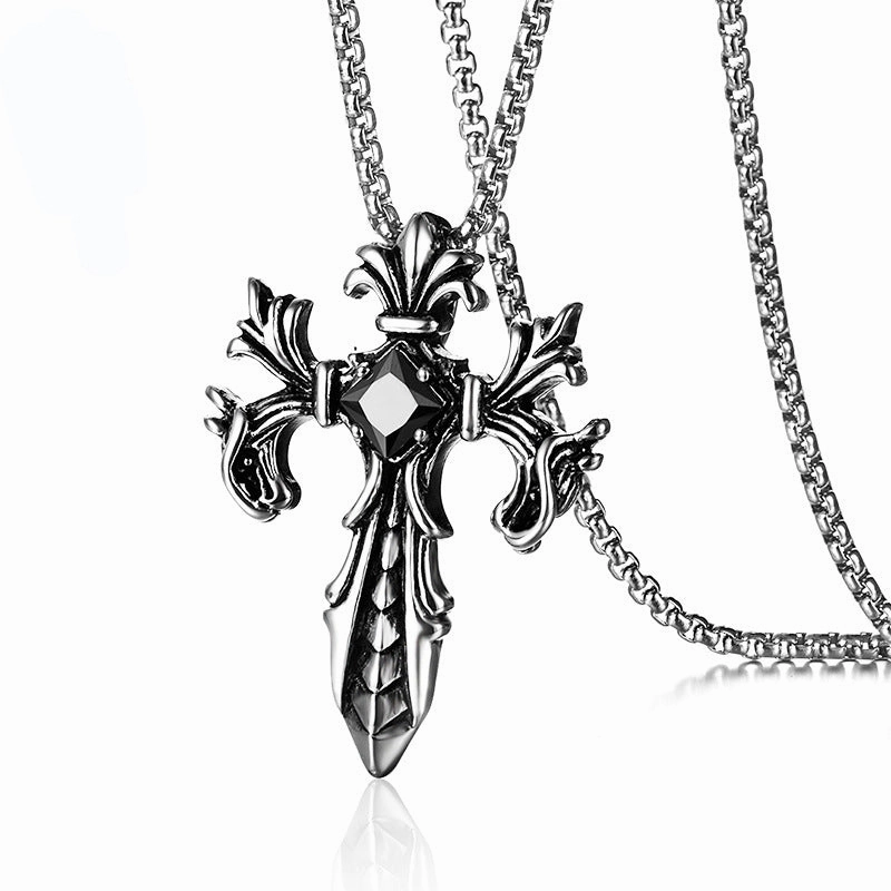 Wholesale Ruby Paved Pendant Double Dragon Cross Stainless Steel Necklaces