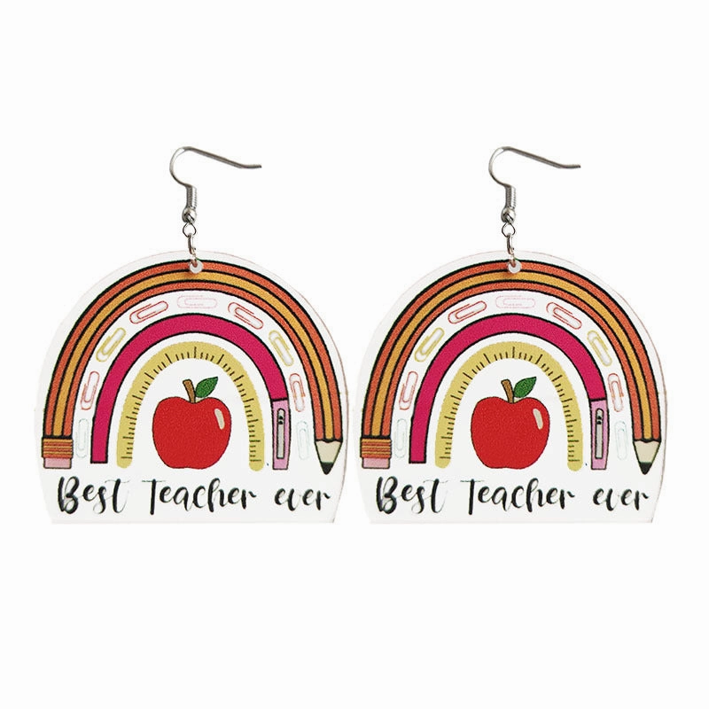 Wholesale rulers, pencils, apples, rainbow leopard print acrylic earrings, teacher gifts