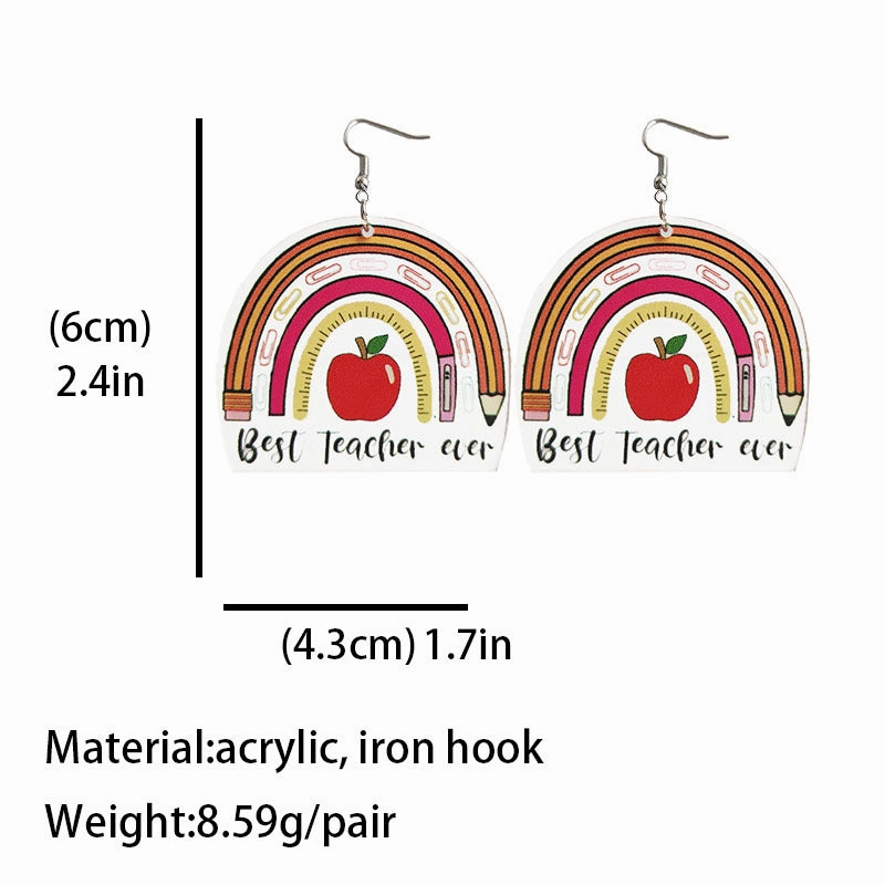 Wholesale rulers, pencils, apples, rainbow leopard print acrylic earrings, teacher gifts