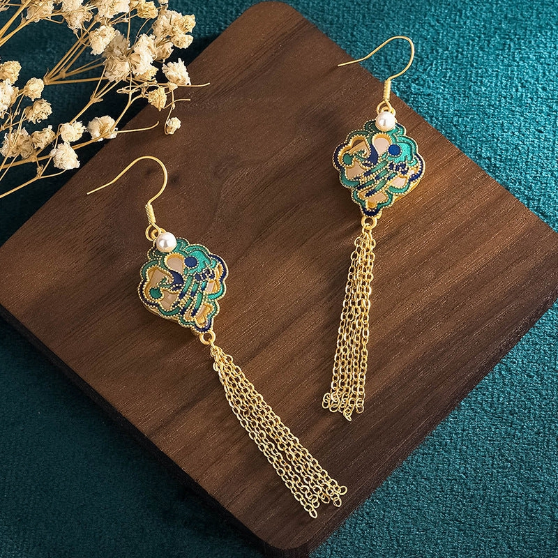 Wholesale Ruyi Ping An Lock Imitation Hetian Jade Tassel Earrings