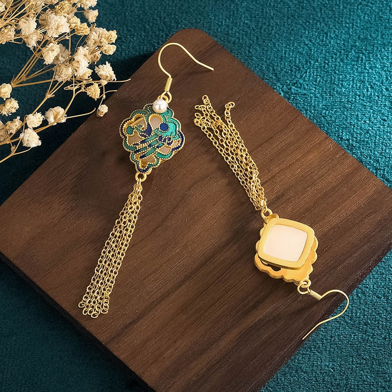 Wholesale Ruyi Ping An Lock Imitation Hetian Jade Tassel Earrings