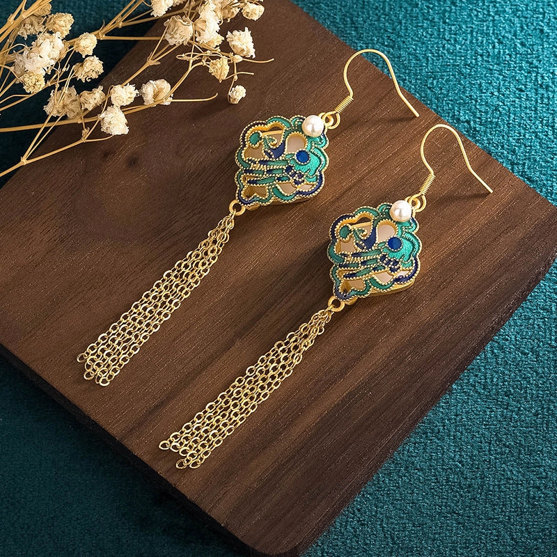 Wholesale Ruyi Ping An Lock Imitation Hetian Jade Tassel Earrings