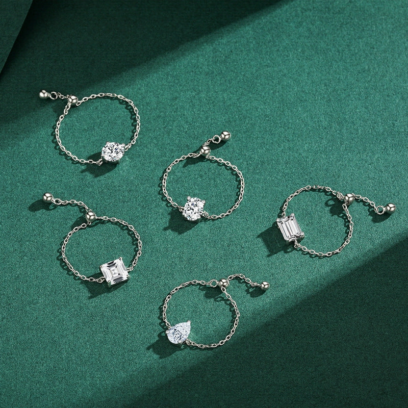 Wholesale S925 Silver Inlaid Simulated Zircon Adjustable Ring Chain