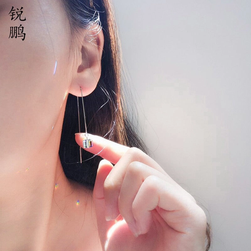 Wholesale S925 Silver Pin Aurora Sugar Cube Crystal Tassel Earrings