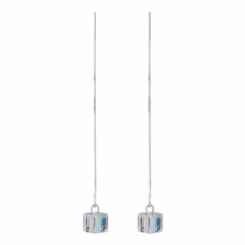 Wholesale S925 Silver Pin Aurora Sugar Cube Crystal Tassel Earrings