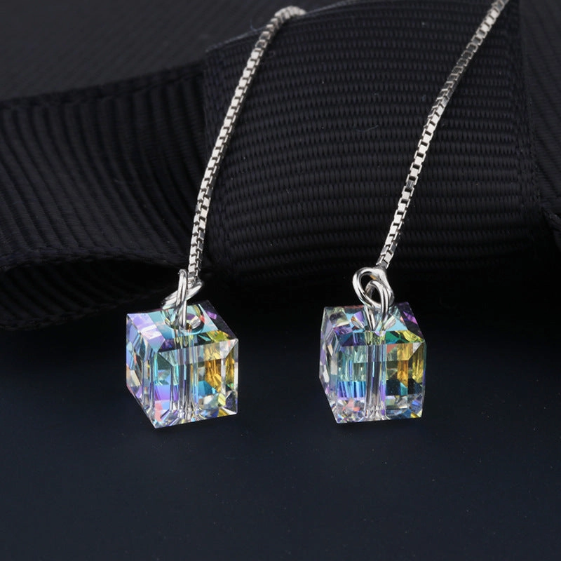 Wholesale S925 Silver Pin Aurora Sugar Cube Crystal Tassel Earrings