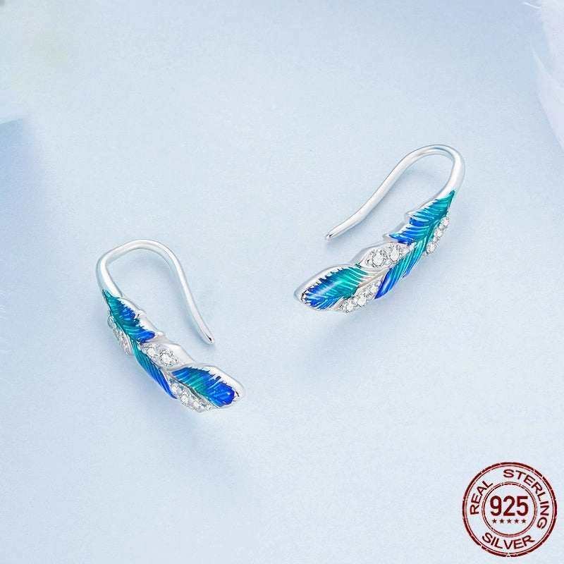 Wholesale S925 Sterling Silver Dazzling Blue Feather Earrings Ring