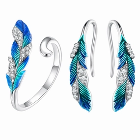 Wholesale S925 Sterling Silver Dazzling Blue Feather Earrings Ring