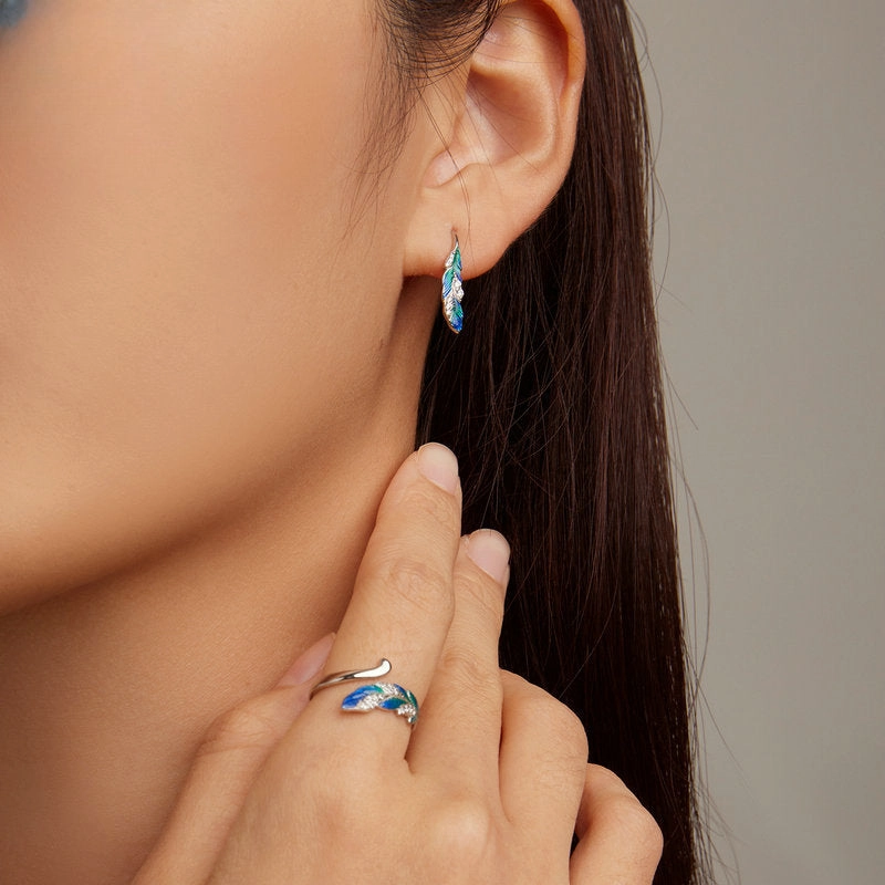 Wholesale S925 Sterling Silver Dazzling Blue Feather Earrings Ring