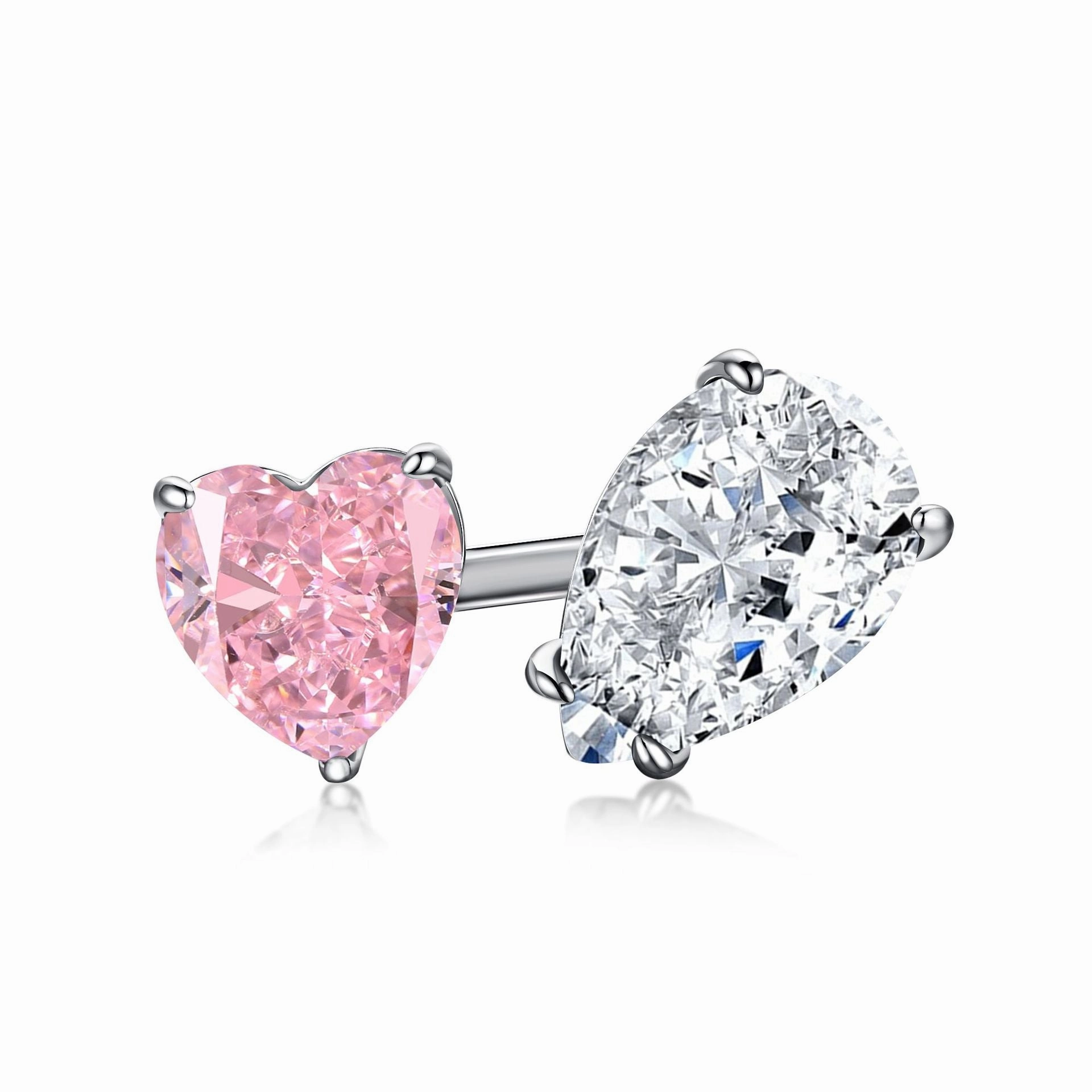 Wholesale S925 Sterling Silver Fashion Water Drop Row Diamond Cute Peach Heart Temperament Square Diamond Pink High Carbon Diamond Ring
