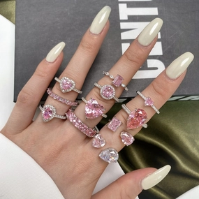 Wholesale S925 Sterling Silver Fashion Water Drop Row Diamond Cute Peach Heart Temperament Square Diamond Pink High Carbon Diamond Ring