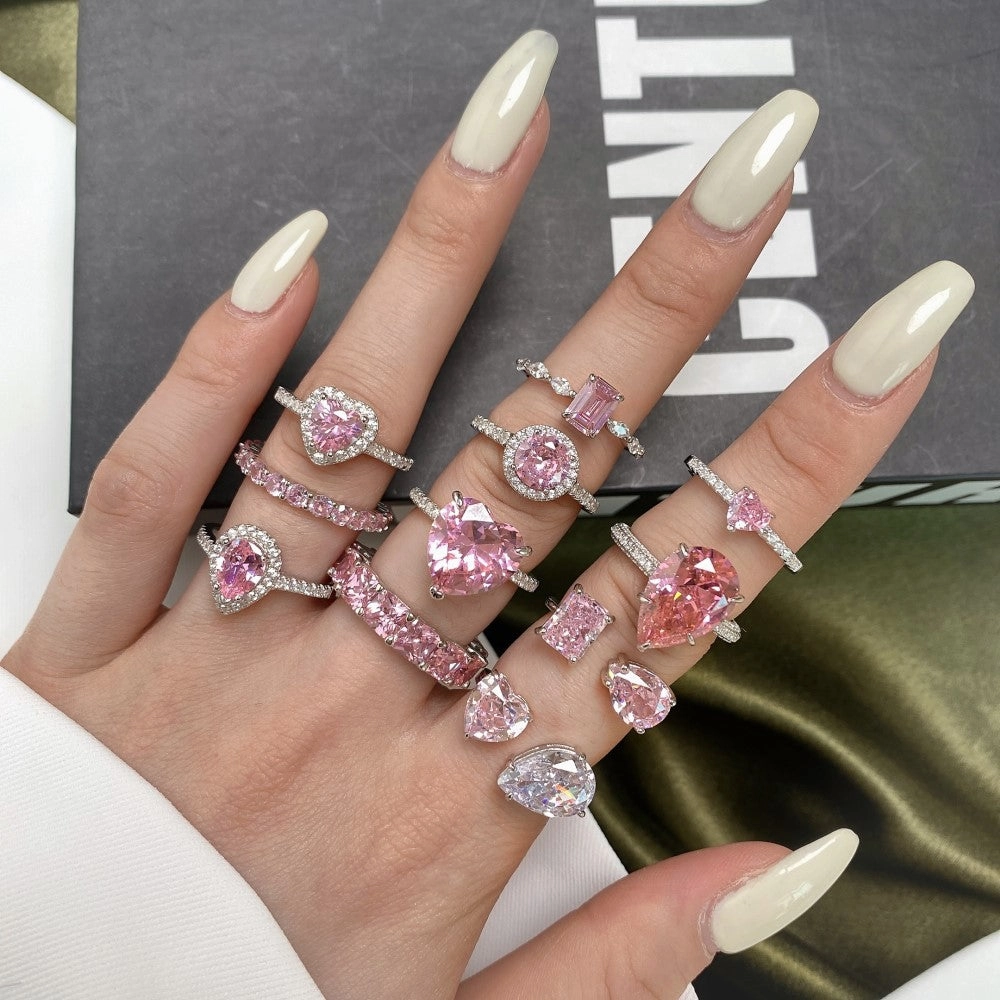 Wholesale S925 Sterling Silver Fashion Water Drop Row Diamond Cute Peach Heart Temperament Square Diamond Pink High Carbon Diamond Ring