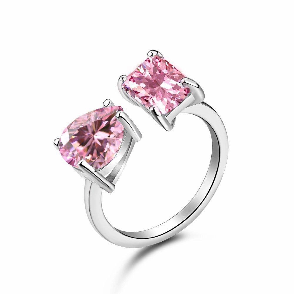 Wholesale S925 Sterling Silver Fashion Water Drop Row Diamond Cute Peach Heart Temperament Square Diamond Pink High Carbon Diamond Ring