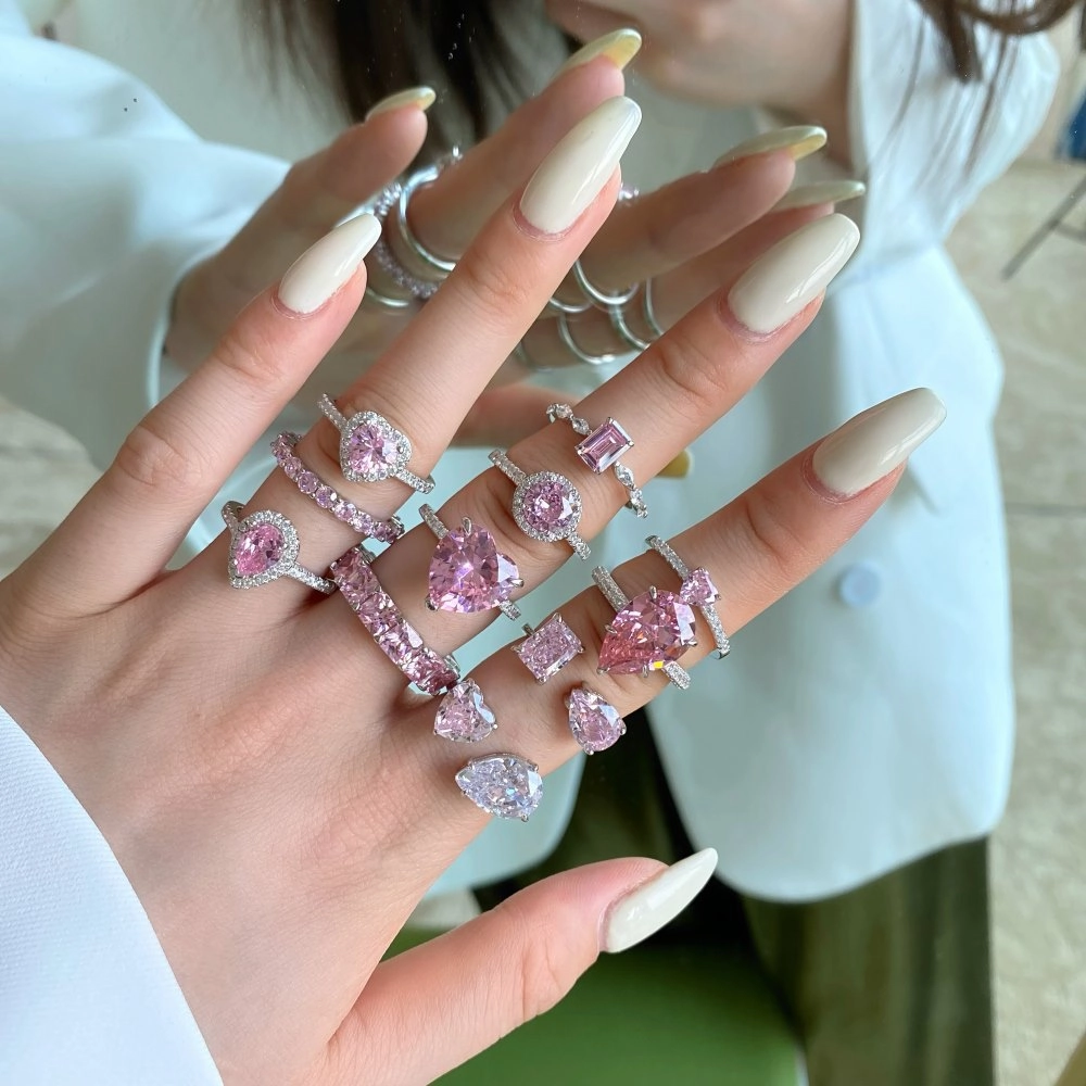 Wholesale S925 Sterling Silver Fashion Water Drop Row Diamond Cute Peach Heart Temperament Square Diamond Pink High Carbon Diamond Ring