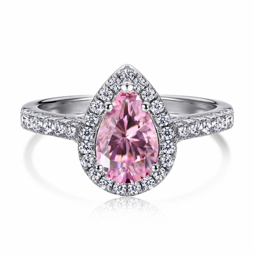 Wholesale S925 Sterling Silver Fashion Water Drop Row Diamond Cute Peach Heart Temperament Square Diamond Pink High Carbon Diamond Ring