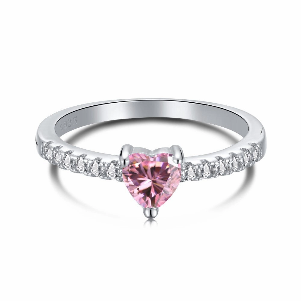 Wholesale S925 Sterling Silver Fashion Water Drop Row Diamond Cute Peach Heart Temperament Square Diamond Pink High Carbon Diamond Ring