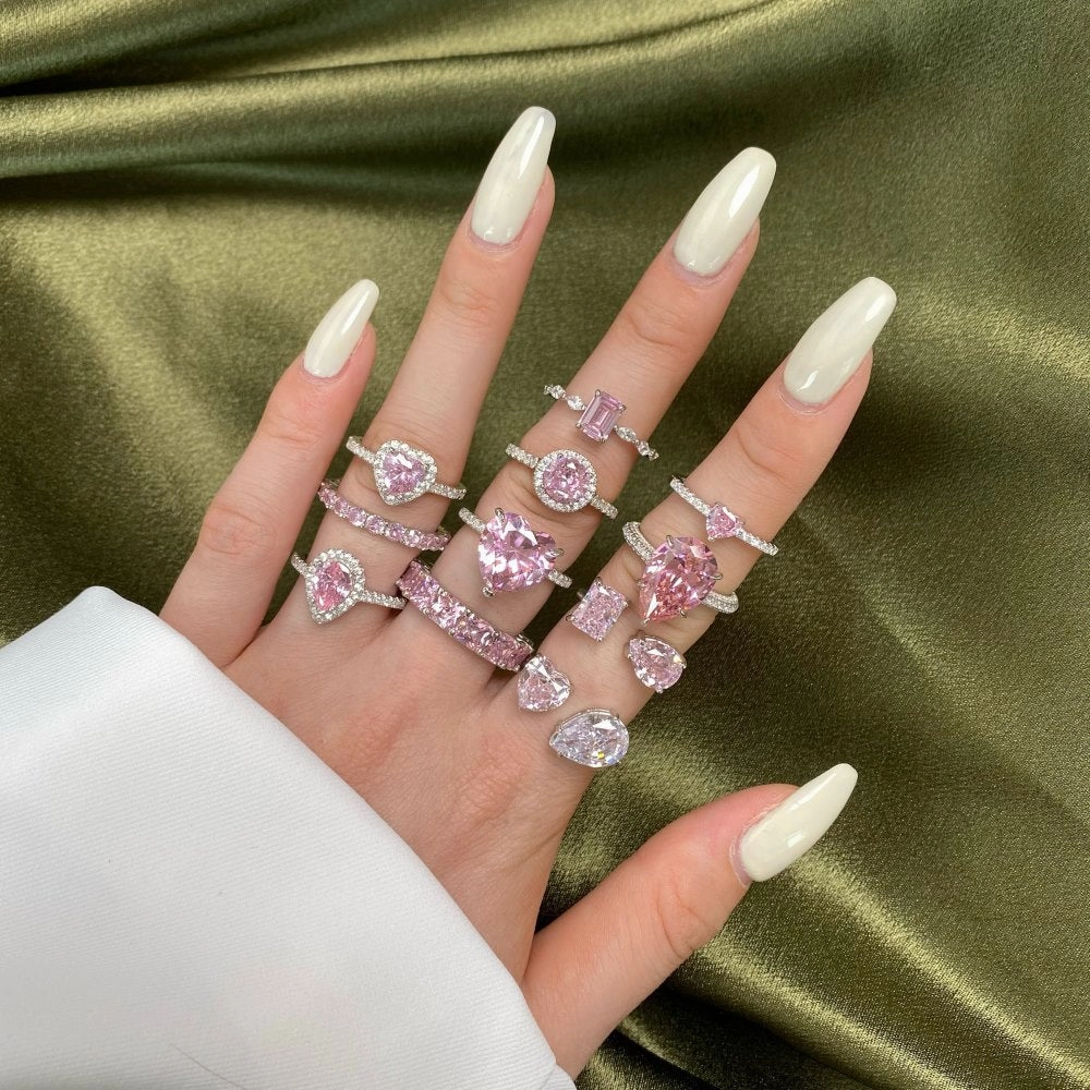 Wholesale S925 Sterling Silver Fashion Water Drop Row Diamond Cute Peach Heart Temperament Square Diamond Pink High Carbon Diamond Ring