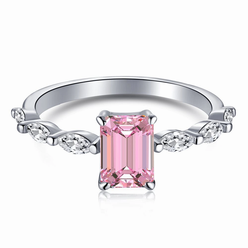Wholesale S925 Sterling Silver Fashion Water Drop Row Diamond Cute Peach Heart Temperament Square Diamond Pink High Carbon Diamond Ring