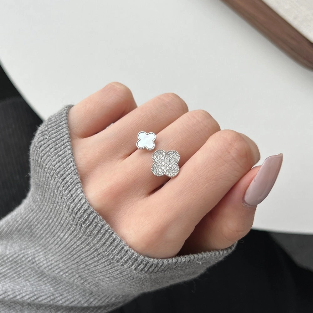 Wholesale S925 Sterling Silver Four-leaf Clover Zircon Ring